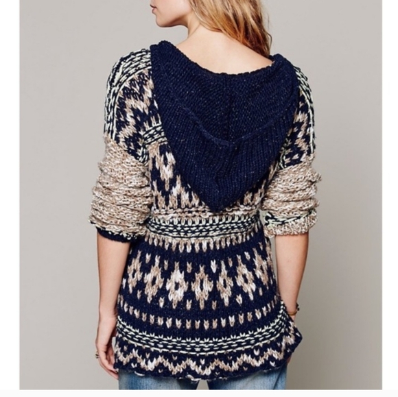 Free People Fairisle Hooded Sweater High Low Hem Oversized XS Navy Cream NWT - Picture 3 of 16